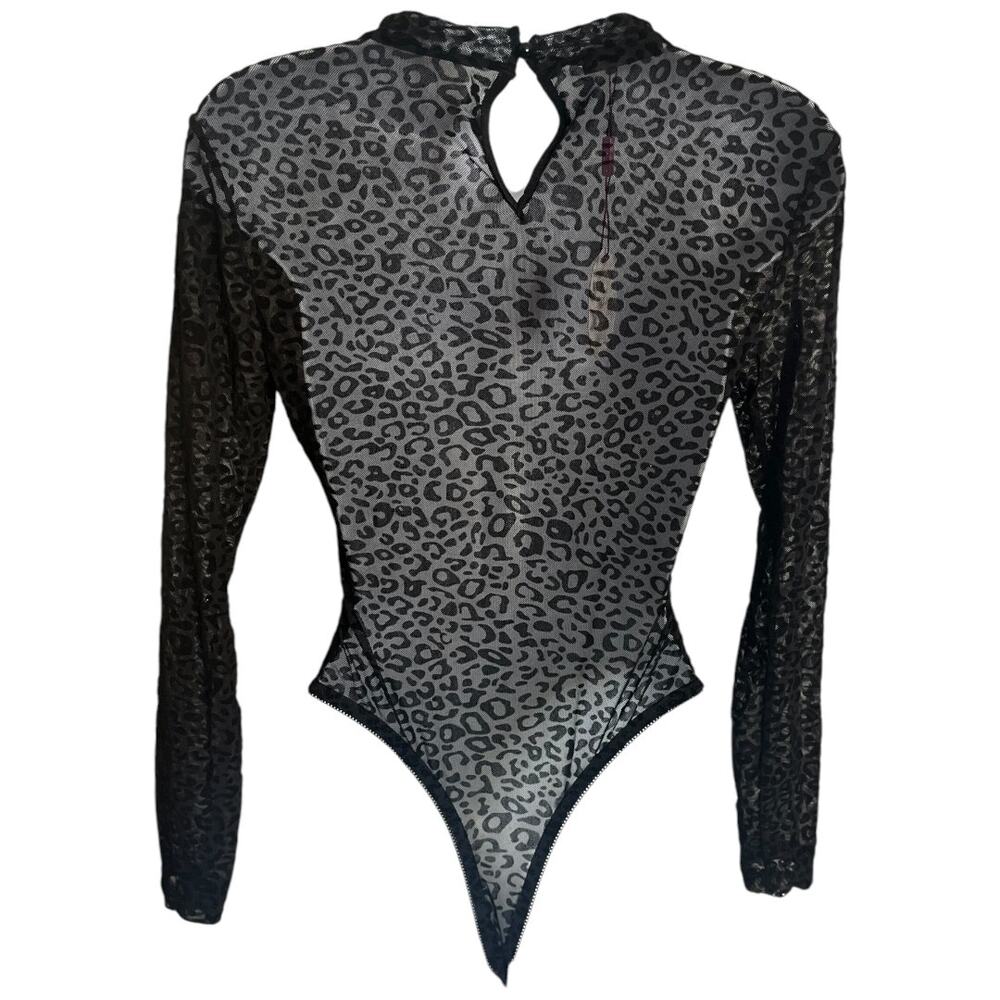 AvidLove black velvet leopard sheer mesh long sleeve thong bodysuit Small NWT - Picture 2 of 5